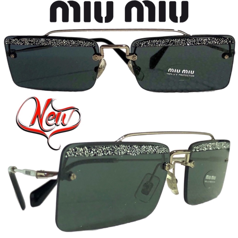 🆕 MIU MIU SOCIETY Black & sparkles Square rimless Sunglasses